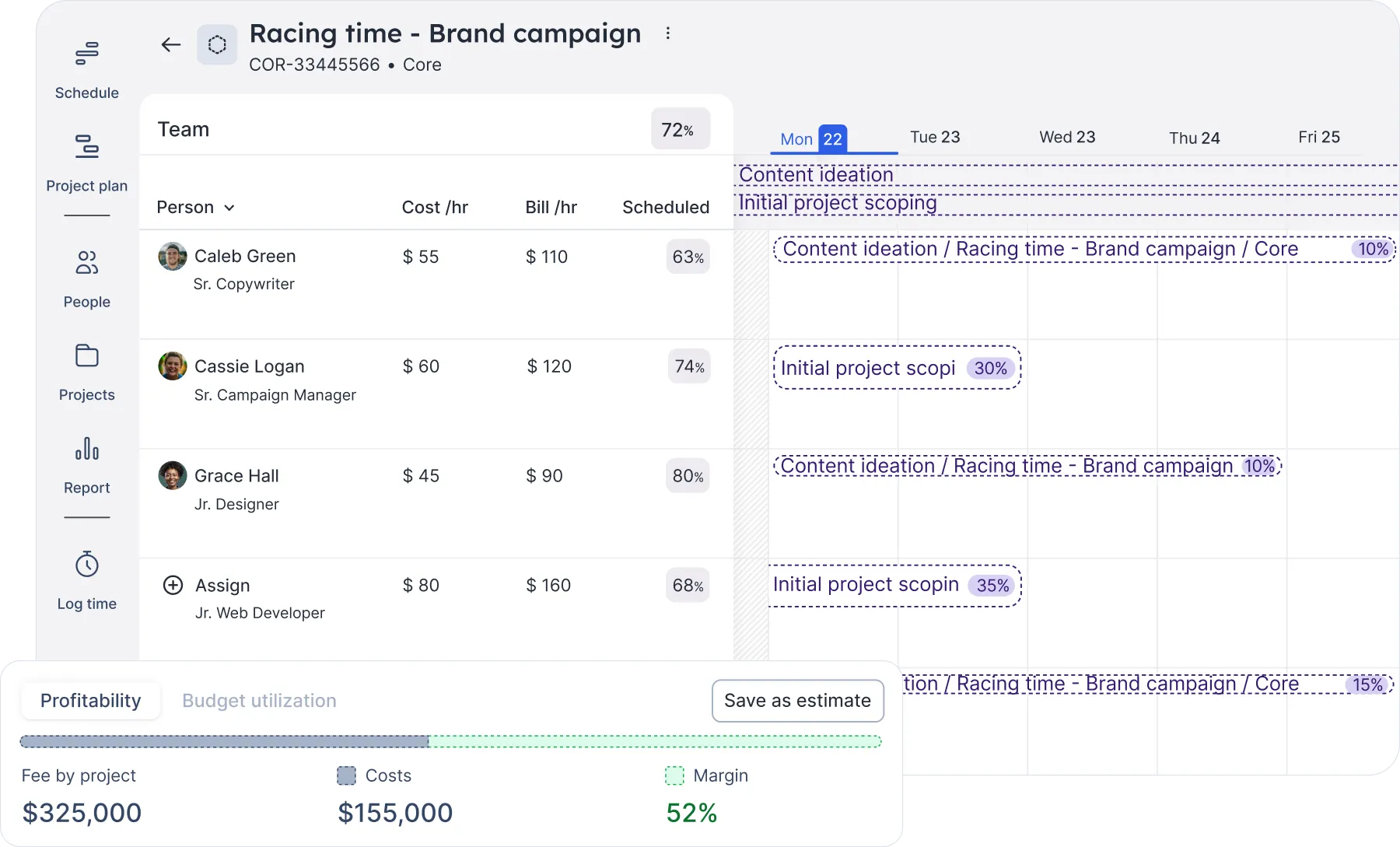 A product shot of Float's project view used when estimating work to evaluate costs, budget, and margins.